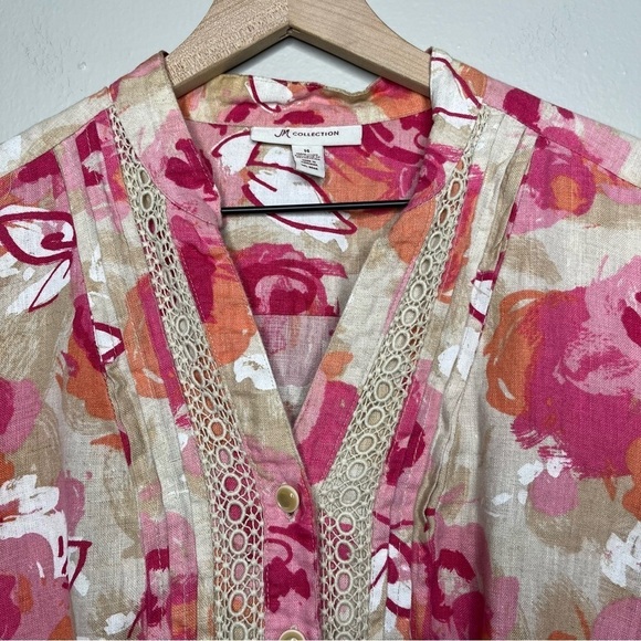 JM Collection Women 100% Linen Button Down Top Medium Pink Floral Embroidered - Picture 3 of 8